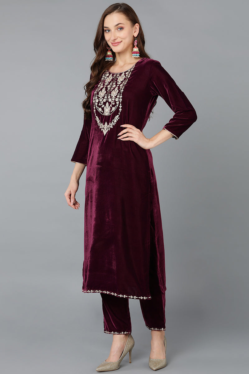 Burgundy Velvet Straight Kurta Pant With Dupatta PKSKD1766