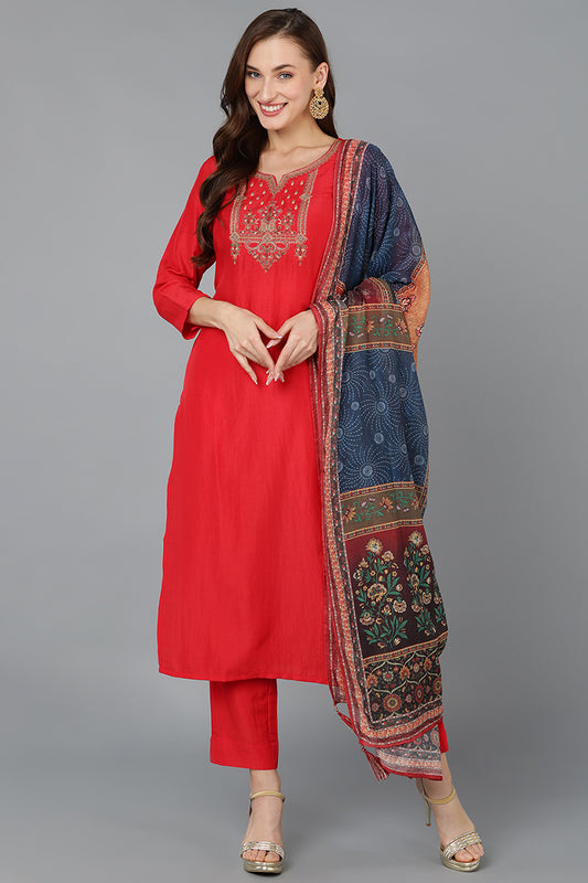 Silk Blend Red Embroidered Straight Kurta Pant With Dupatta PKSKD1769