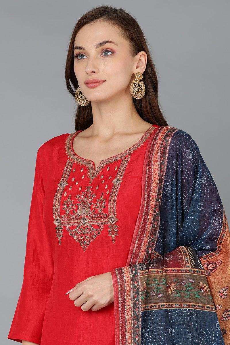 Silk Blend Red Embroidered Straight Kurta Pant With Dupatta PKSKD1769