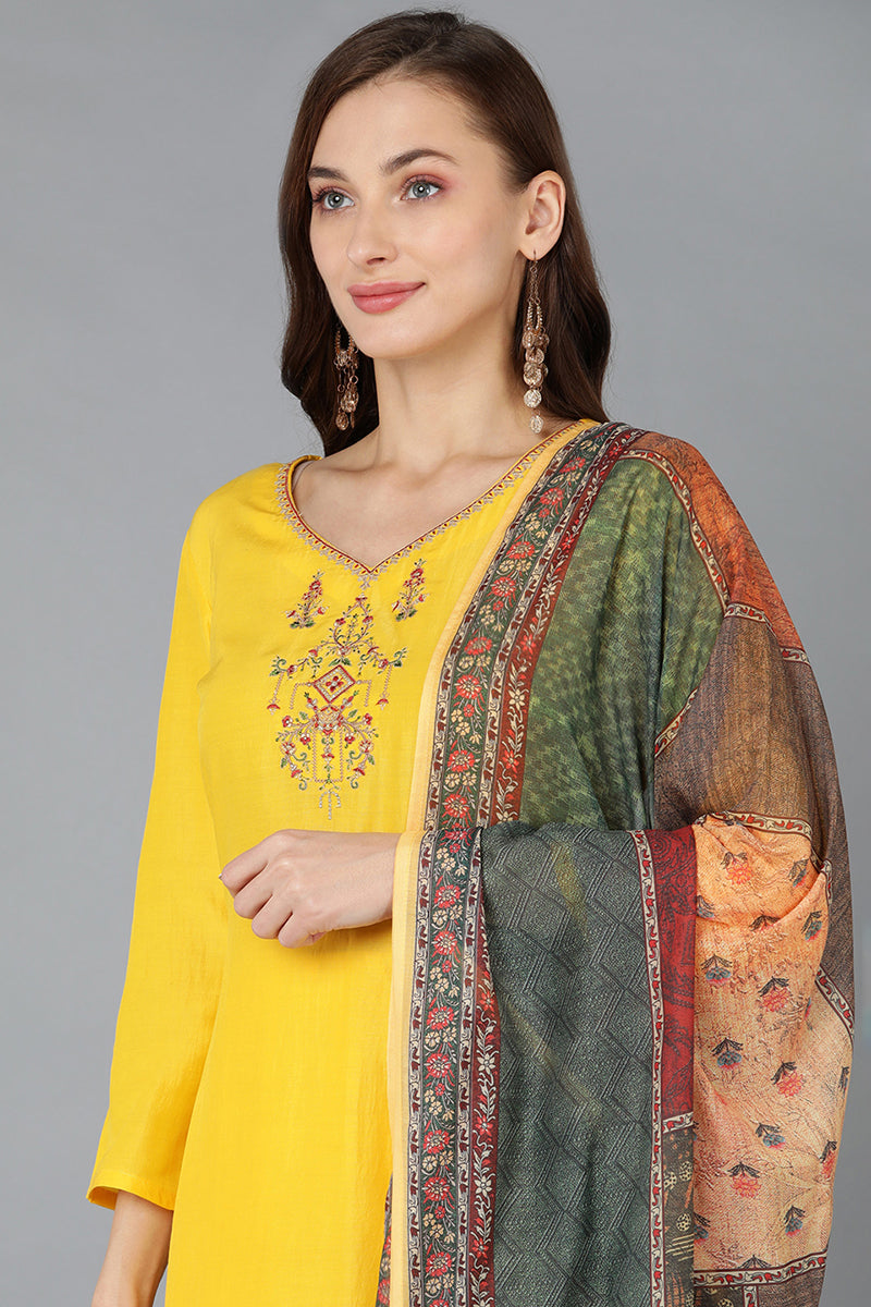 Silk Blend Yellow Embroidered Straight Kurta Pant With Dupatta PKSKD1770