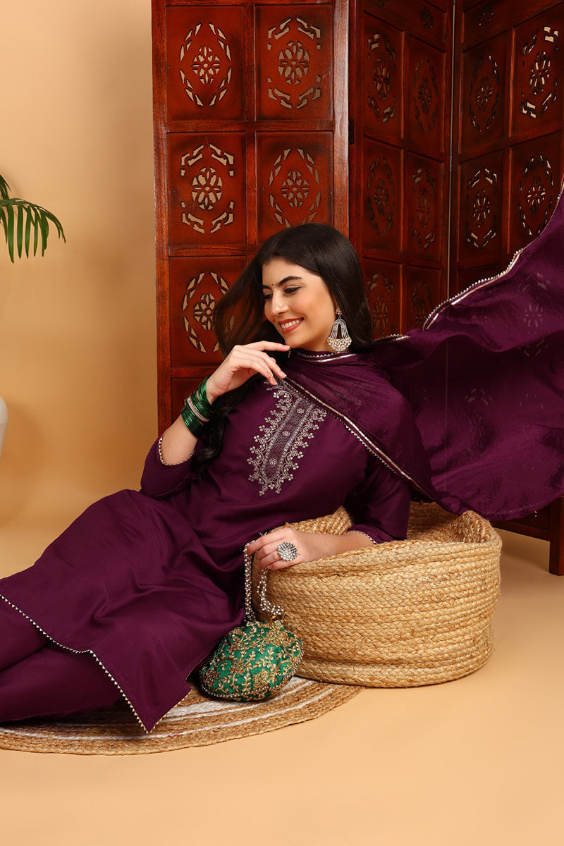 Silk Blend Burgundy Embroidered Straight Kurta Pant With Dupatta PKSKD1771