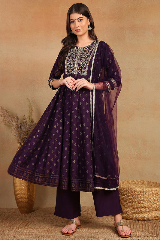 Purple Silk Blend Anarkali Kurta Pant With Dupatta PKSKD1773