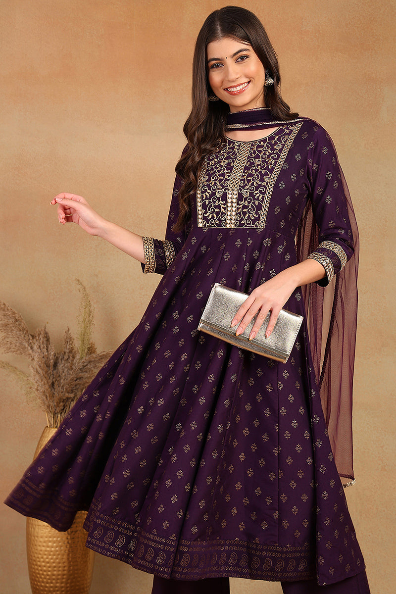 Purple Silk Blend Anarkali Kurta Pant With Dupatta PKSKD1773