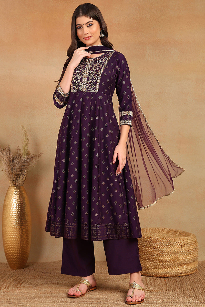 Purple Silk Blend Anarkali Kurta Pant With Dupatta PKSKD1773