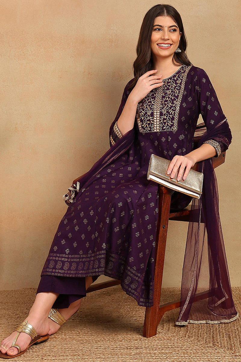 Purple Silk Blend Anarkali Kurta Pant With Dupatta PKSKD1773