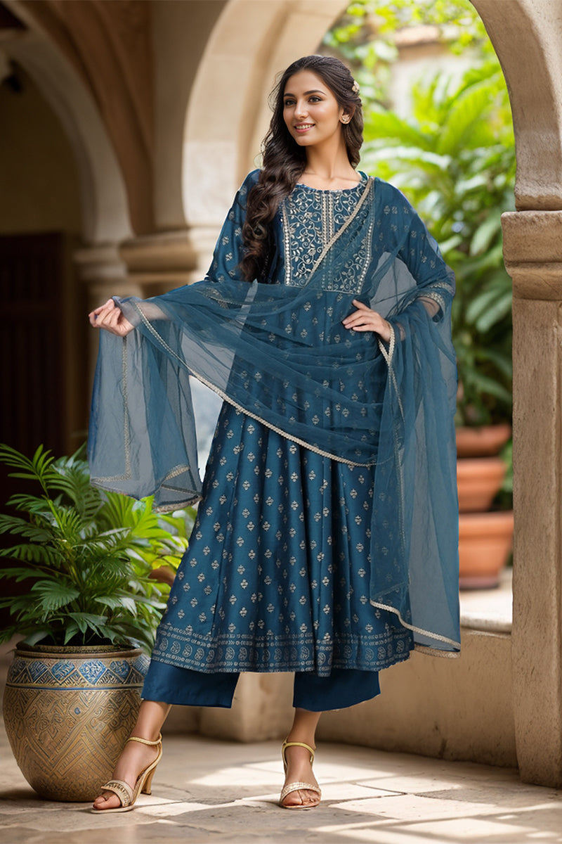 Blue Silk Blend Anarkali Kurta Pant With Dupatta PKSKD1775