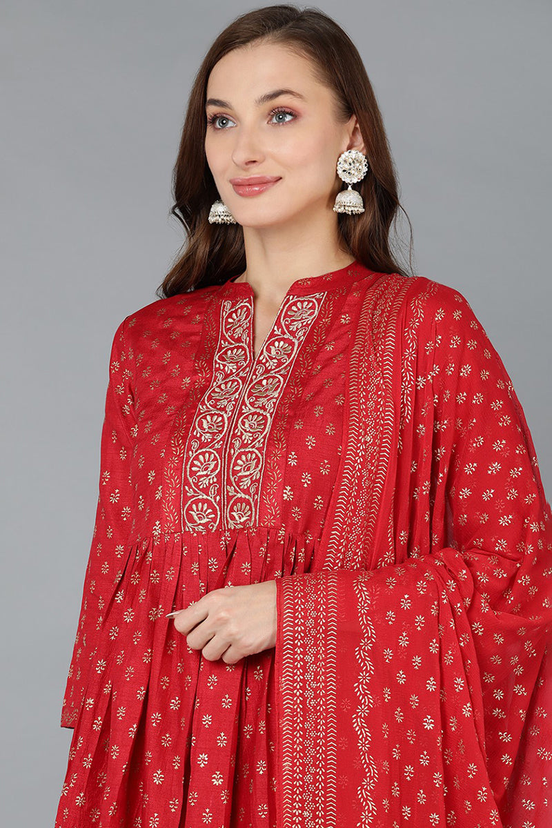 Red Silk Blend Anarkali Kurta Pant With Dupatta PKSKD1776