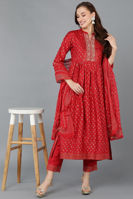 Red Silk Blend Anarkali Kurta Pant With Dupatta PKSKD1776