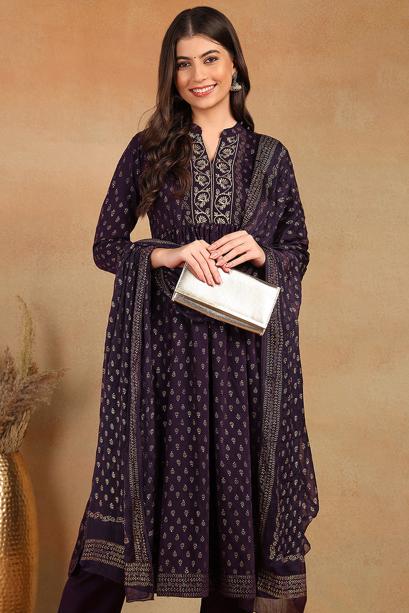 Purple Silk Blend Anarkali Kurta Pant With Dupatta PKSKD1778