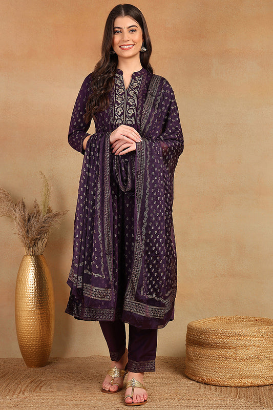 Purple Silk Blend Anarkali Kurta Pant With Dupatta PKSKD1778