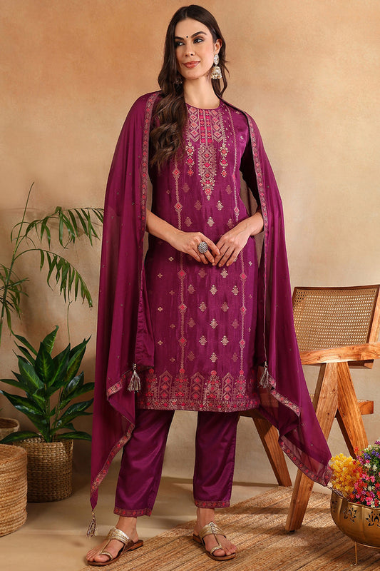 Poly Silk Maroon Embroidered Straight Suit Set PKSKD1779