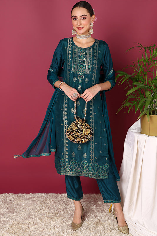 Teal Silk Blend Ethnic Motifs Woven Design Straight Suit Set PKSKD1780