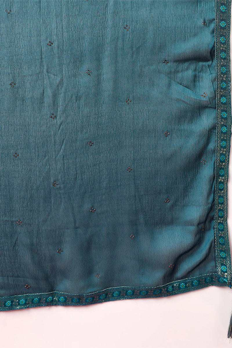 Teal Silk Blend Ethnic Motifs Woven Design Straight Suit Set PKSKD1780