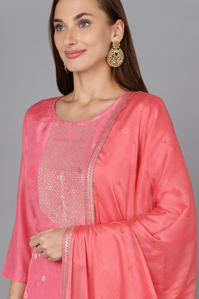 Pink Silk Blend Bandhani Printed Straight Suit Set PKSKD1781