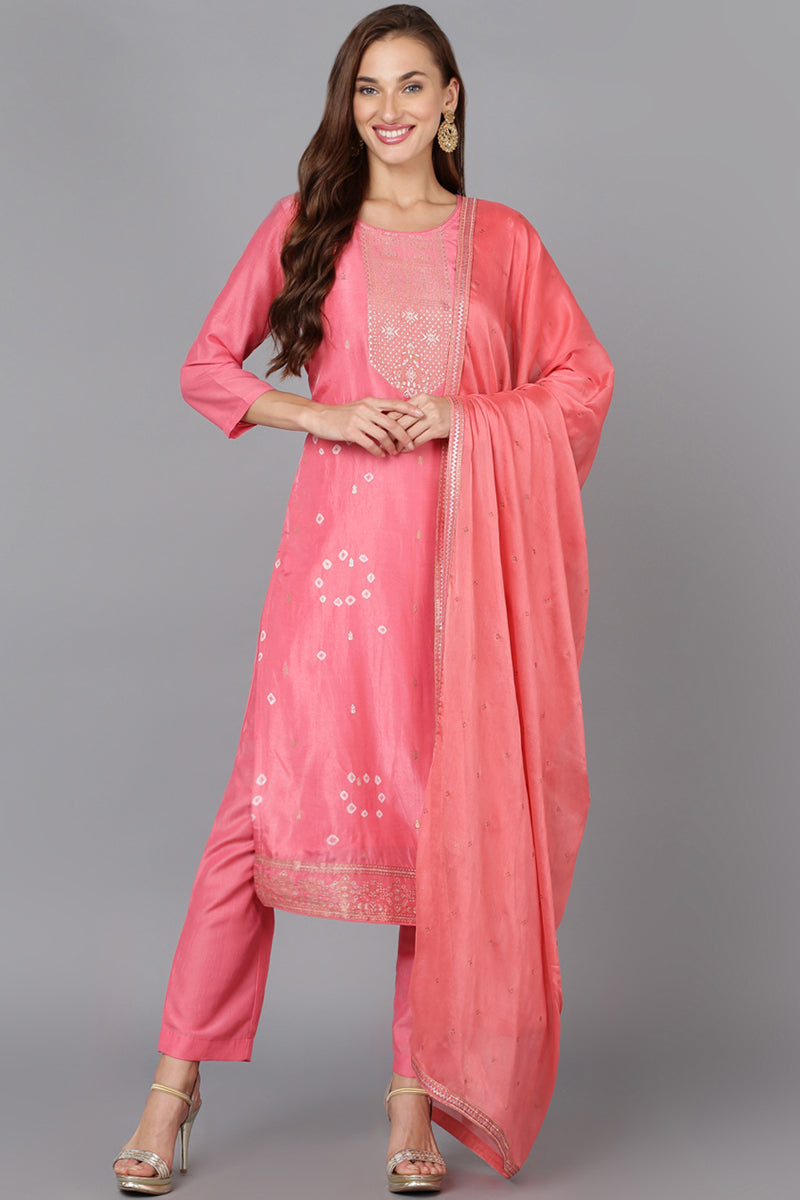 Pink Silk Blend Bandhani Printed Straight Suit Set PKSKD1781