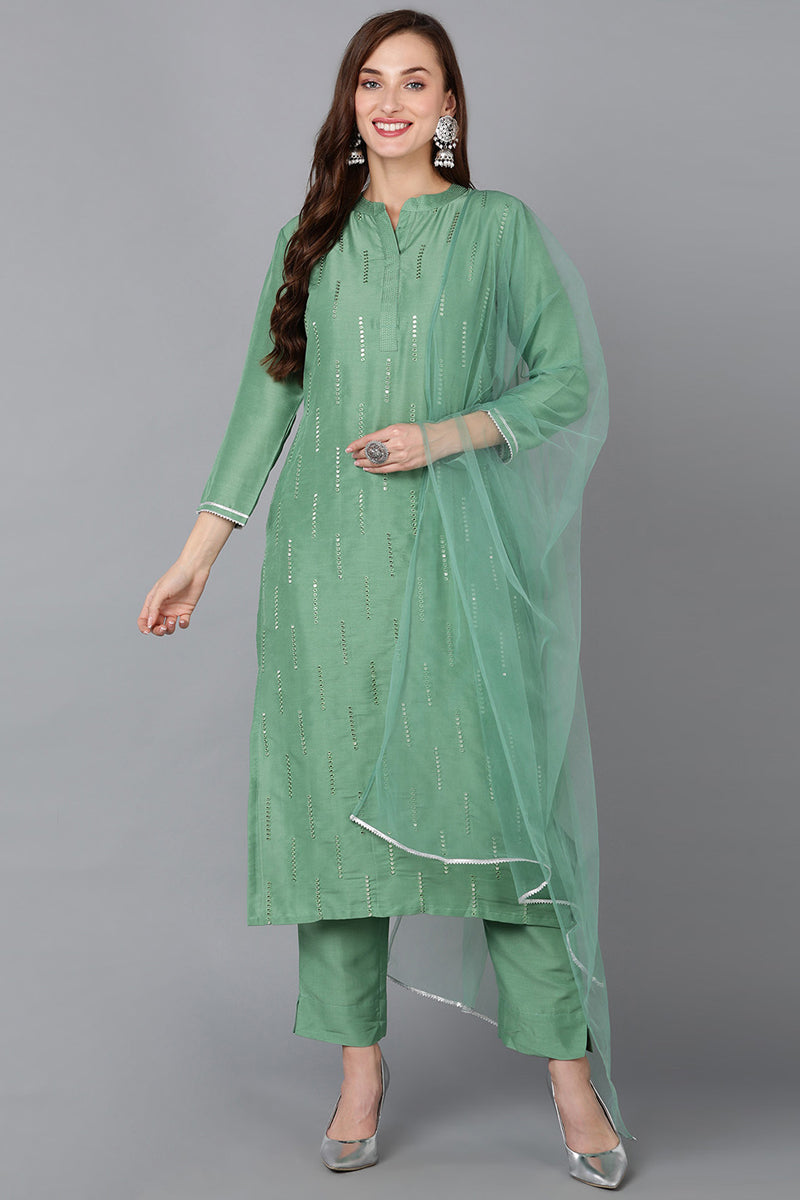 Green Silk Blend Embroidered Kurta Pant With Dupatta PKSKD1784