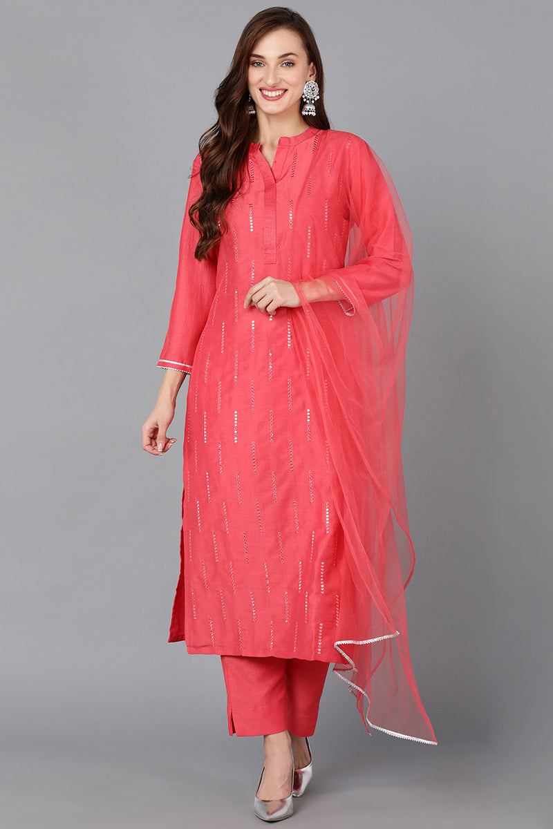 Coral Silk Blend Embroidered Kurta Pant With Dupatta PKSKD1785