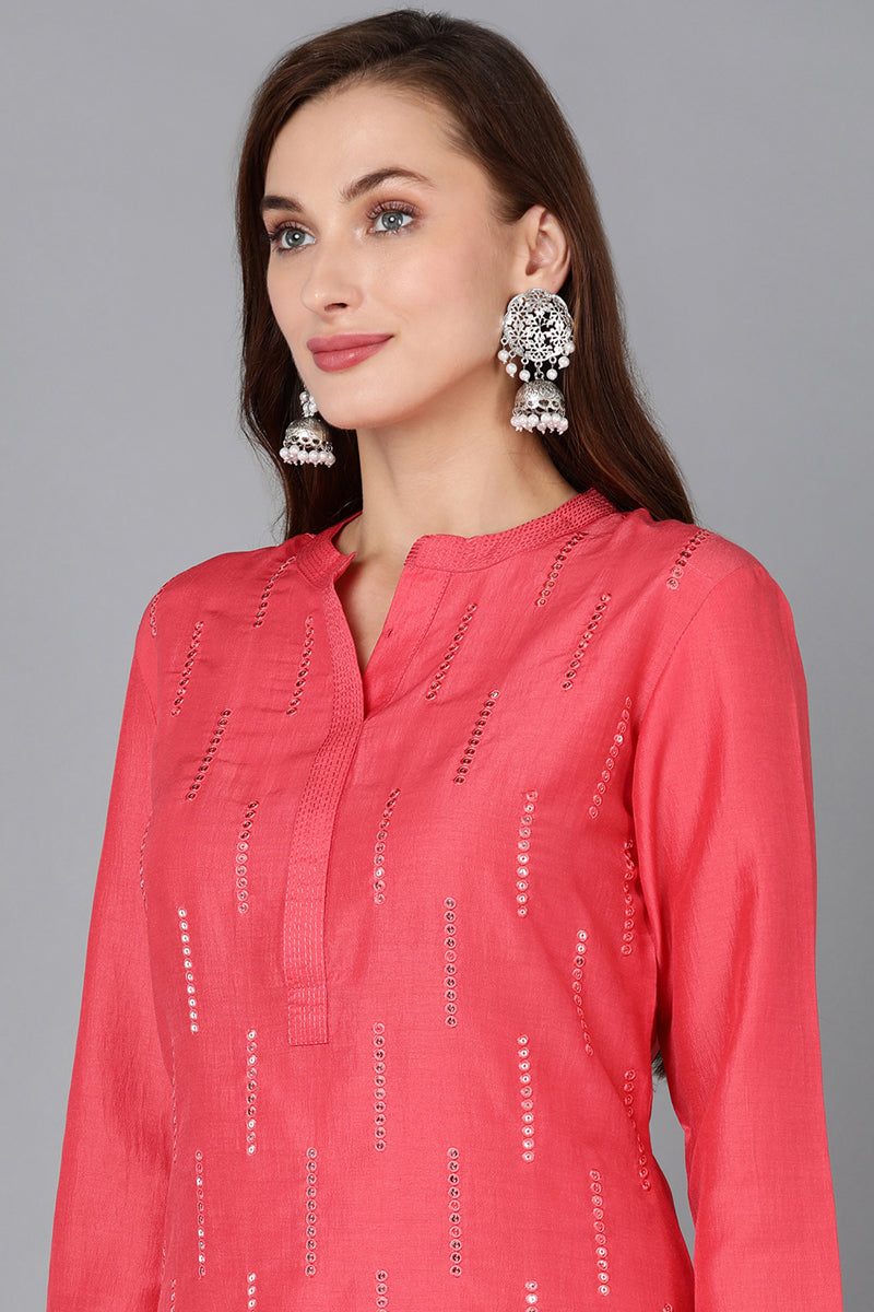 Coral Silk Blend Embroidered Kurta Pant With Dupatta PKSKD1785