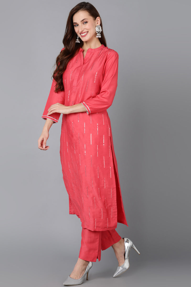 Coral Silk Blend Embroidered Kurta Pant With Dupatta PKSKD1785