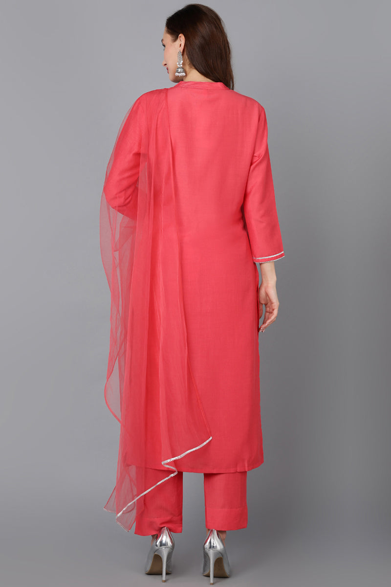 Coral Silk Blend Embroidered Kurta Pant With Dupatta PKSKD1785