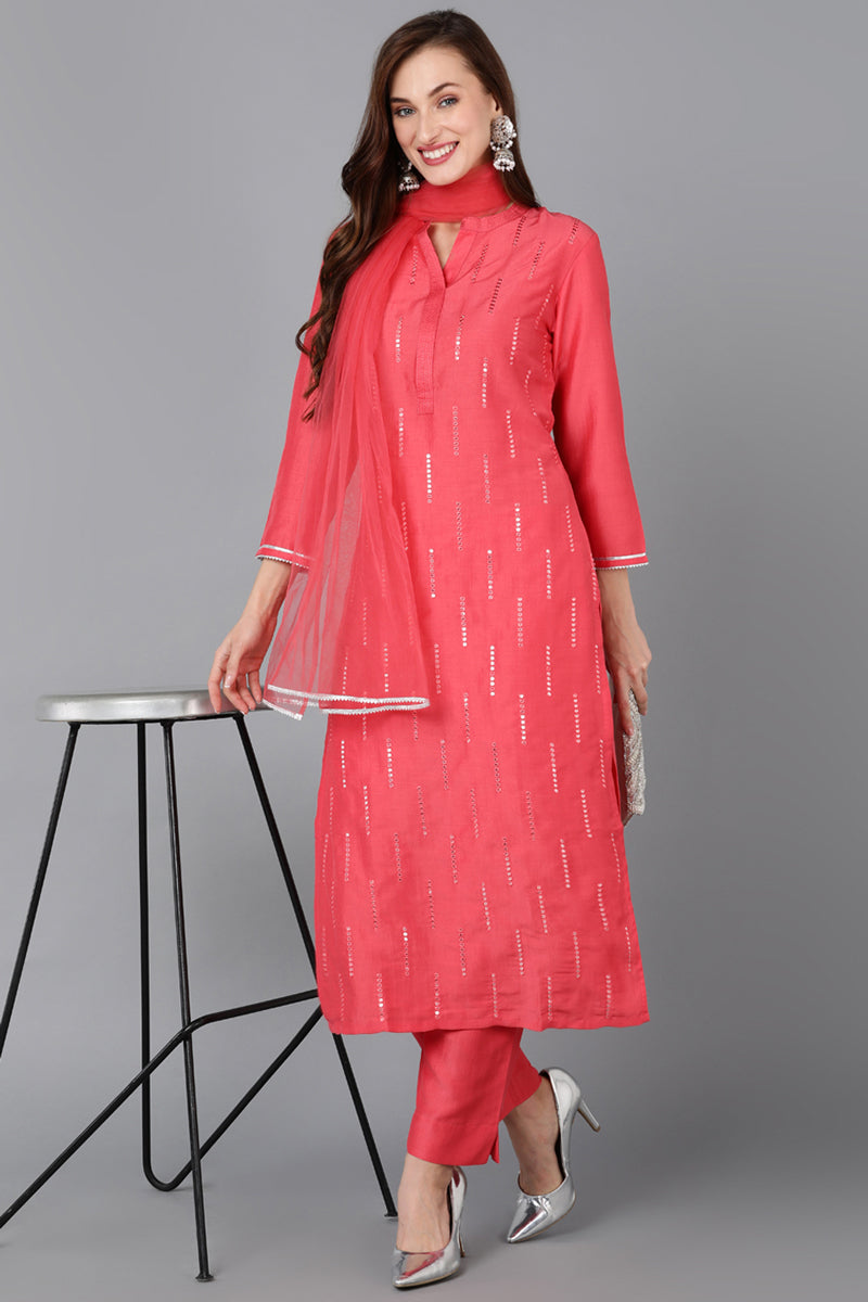 Coral Silk Blend Embroidered Kurta Pant With Dupatta PKSKD1785