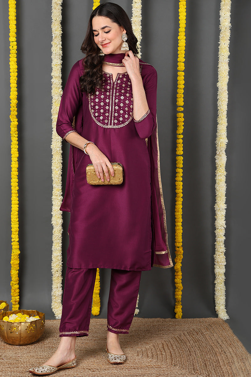 Purple Silk Blend Solid Yoke Design Straight Suit Set PKSKD1787