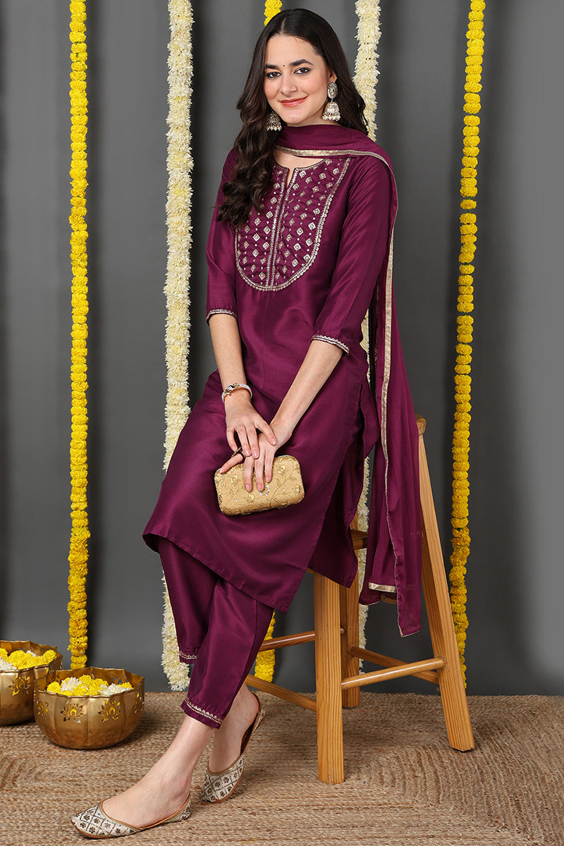 Purple Silk Blend Solid Yoke Design Straight Suit Set PKSKD1787