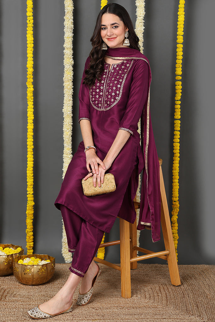 Purple Silk Blend Ethnic Motifs Straight Suit Set PKSKD1826 – Ahika