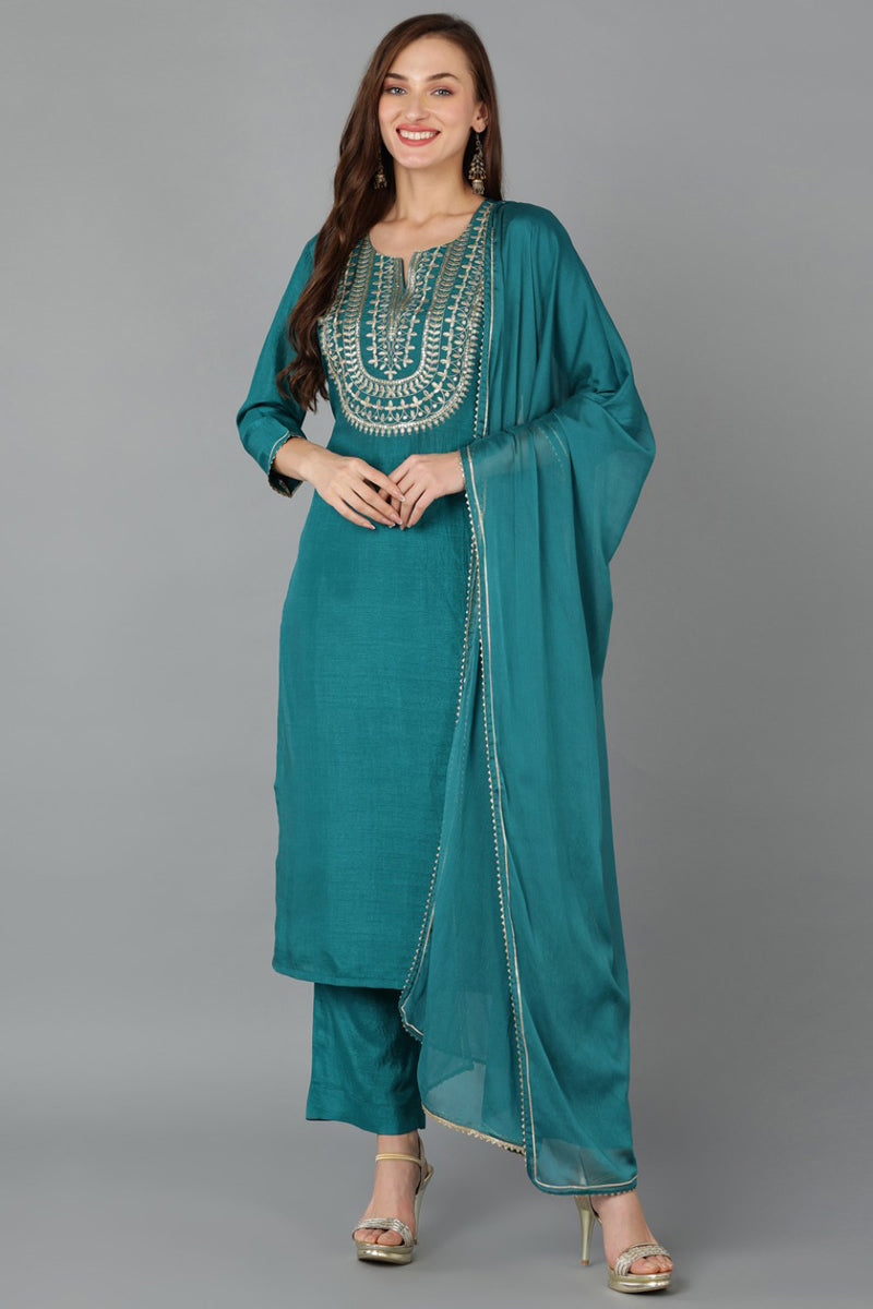 Teal Silk Blend Straight Kurta Pant With Dupatta