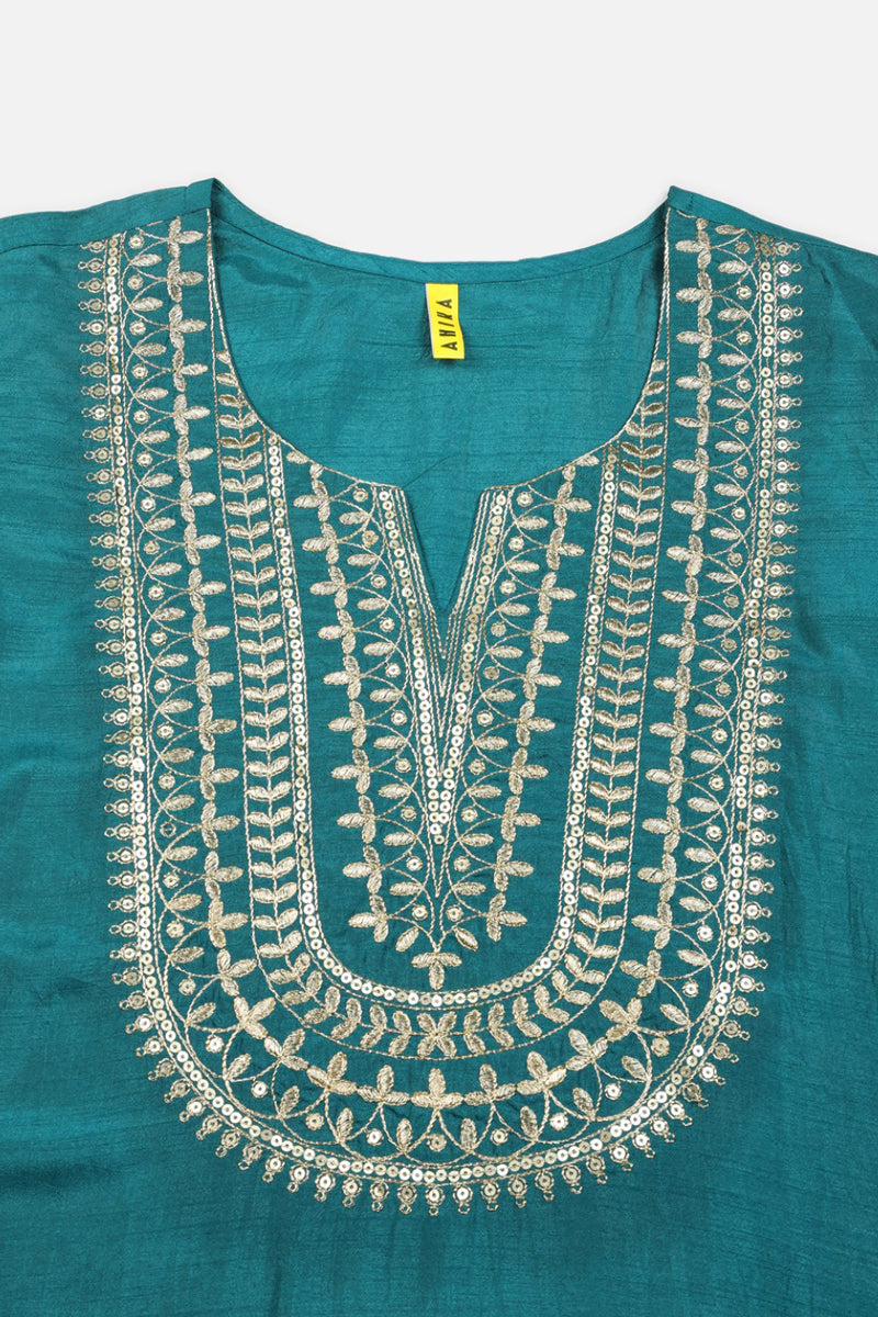 Teal Silk Blend Straight Kurta Pant With Dupatta