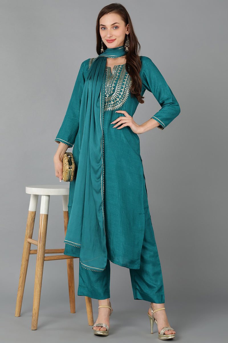 Teal Silk Blend Straight Kurta Pant With Dupatta