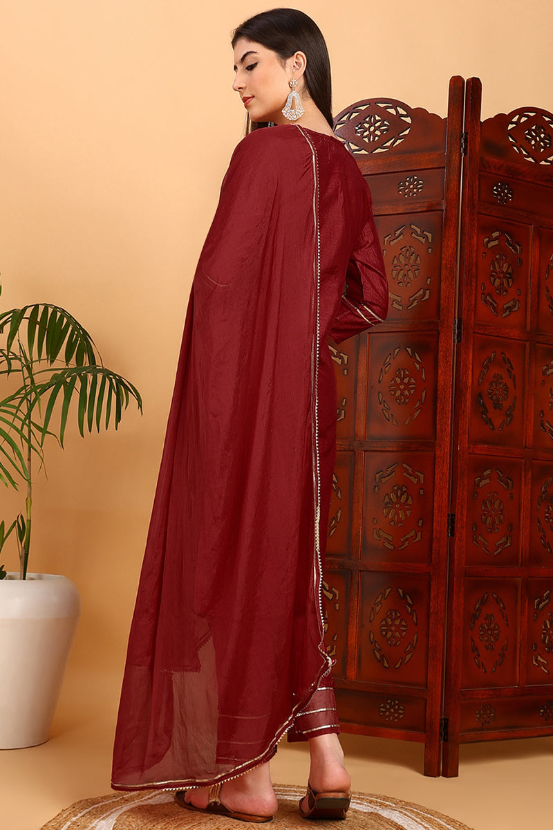 Red Silk Blend Embroidered Kurta Pant With Dupatta PKSKD1789