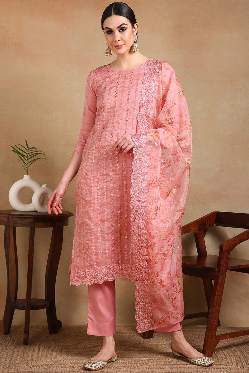 Peach Organza Ethnic Motifs Straight Suit Set PKSKD1795