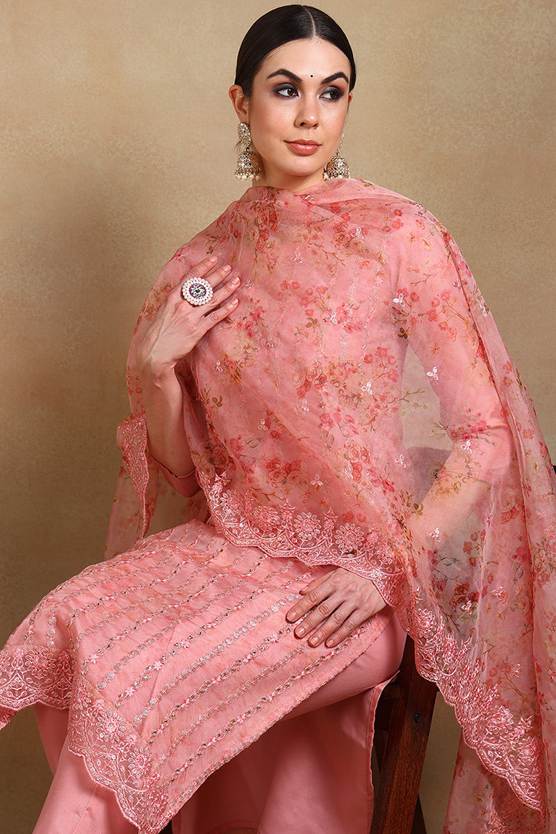 Peach Organza Ethnic Motifs Straight Suit Set PKSKD1795