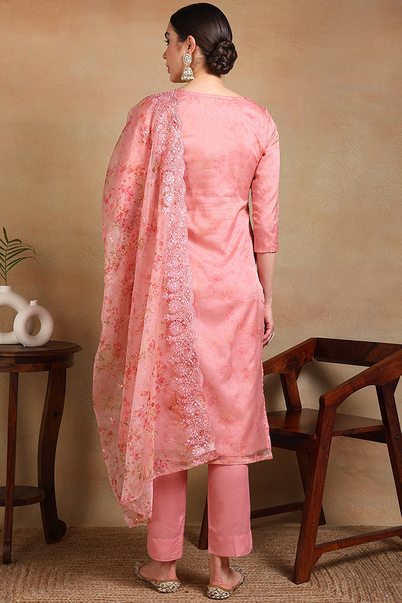 Peach Organza Ethnic Motifs Straight Suit Set PKSKD1795