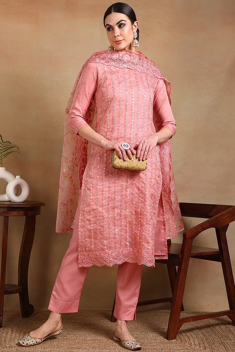 Peach Organza Ethnic Motifs Straight Suit Set PKSKD1795