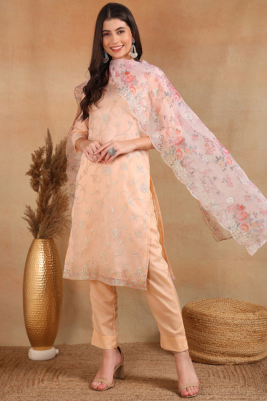 Peach Organza Ethnic Motifs Straight Suit Set PKSKD1801