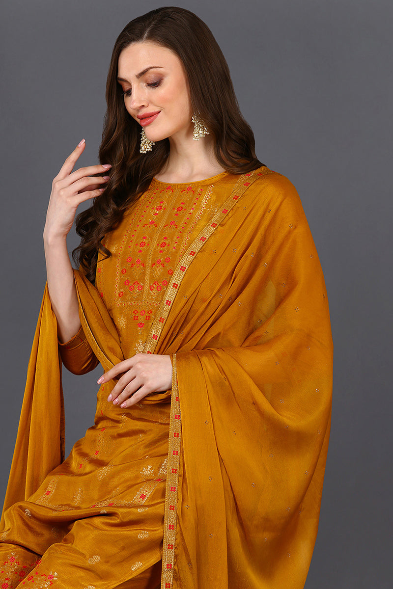 Silk Blend Mustard Embroidered Straight Suit Set PKSKD1803