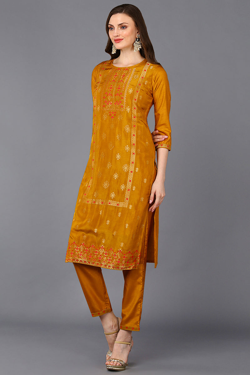 Silk Blend Mustard Embroidered Straight Suit Set PKSKD1803