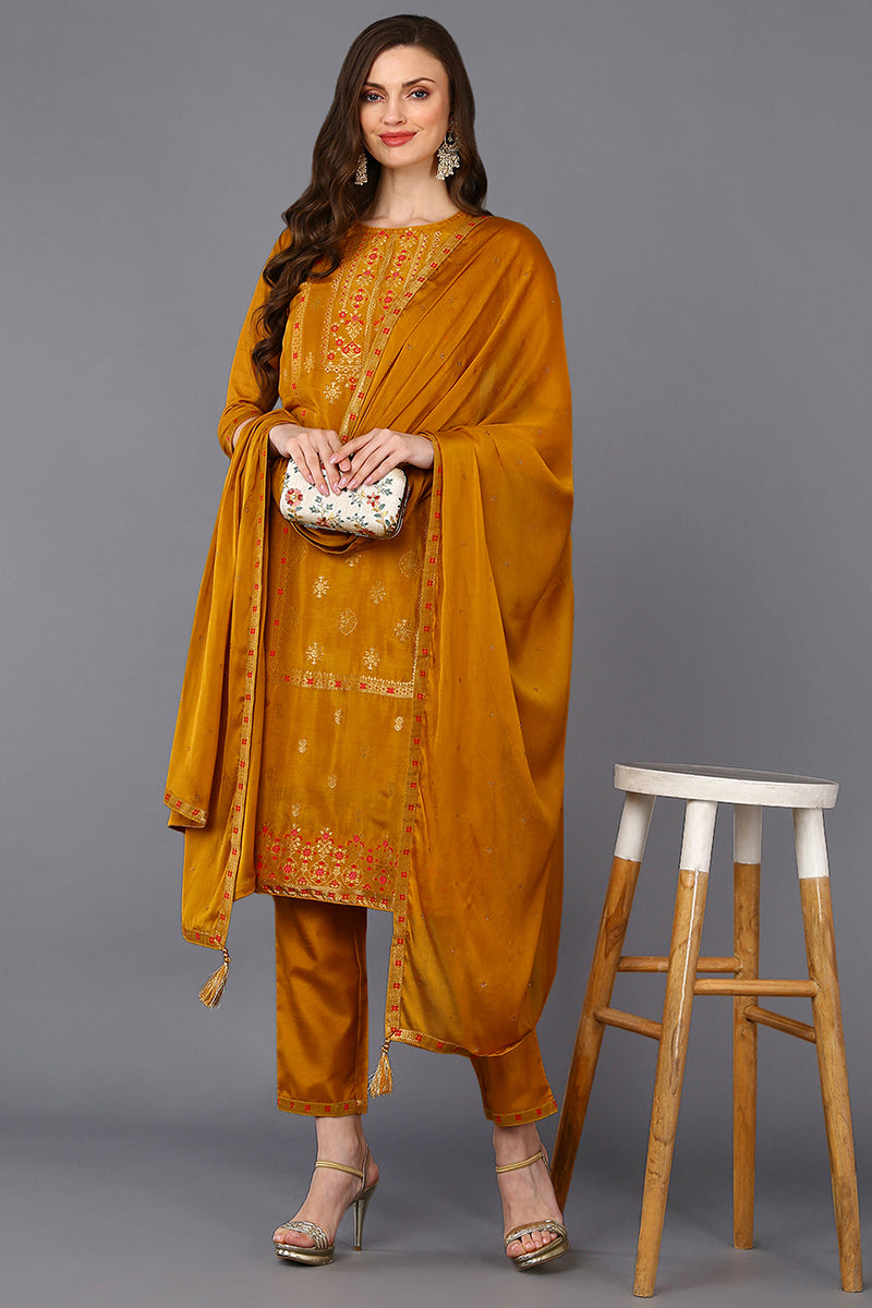 Silk Blend Mustard Embroidered Straight Suit Set PKSKD1803