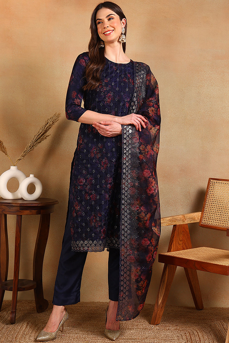 Navy Blue Silk Blend Straight Kurta Pant With Dupatta PKSKD1840