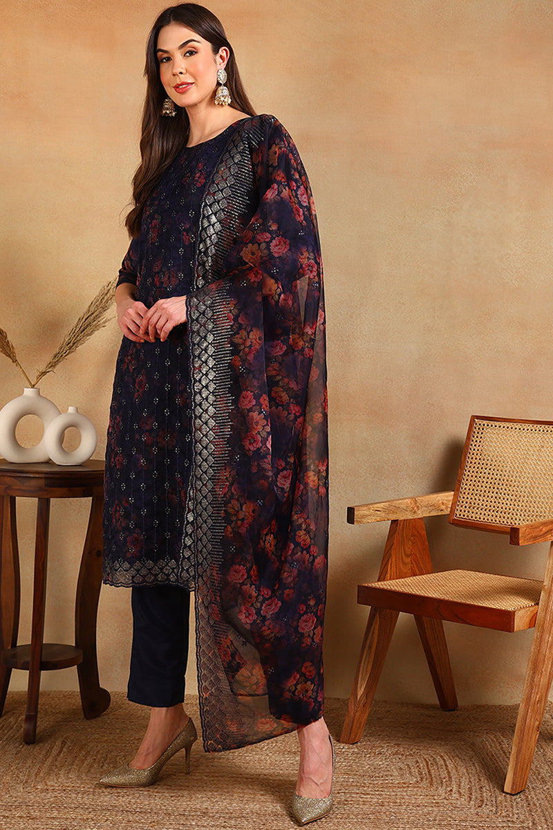 Navy Blue Silk Blend Straight Kurta Pant With Dupatta PKSKD1840