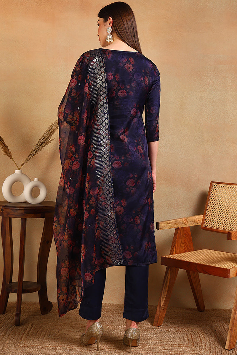 Navy Blue Silk Blend Straight Kurta Pant With Dupatta PKSKD1840