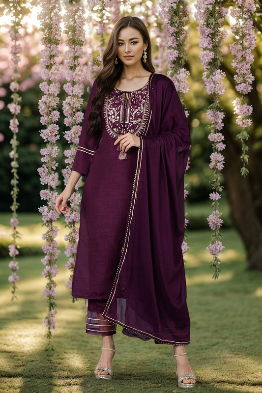 Silk Blend Purple Embroidered Straight Kurta Pant With Dupatta PKSKD1806