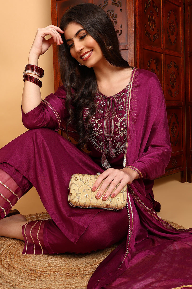 Silk Blend Purple Embroidered Straight Kurta Pant With Dupatta PKSKD1806