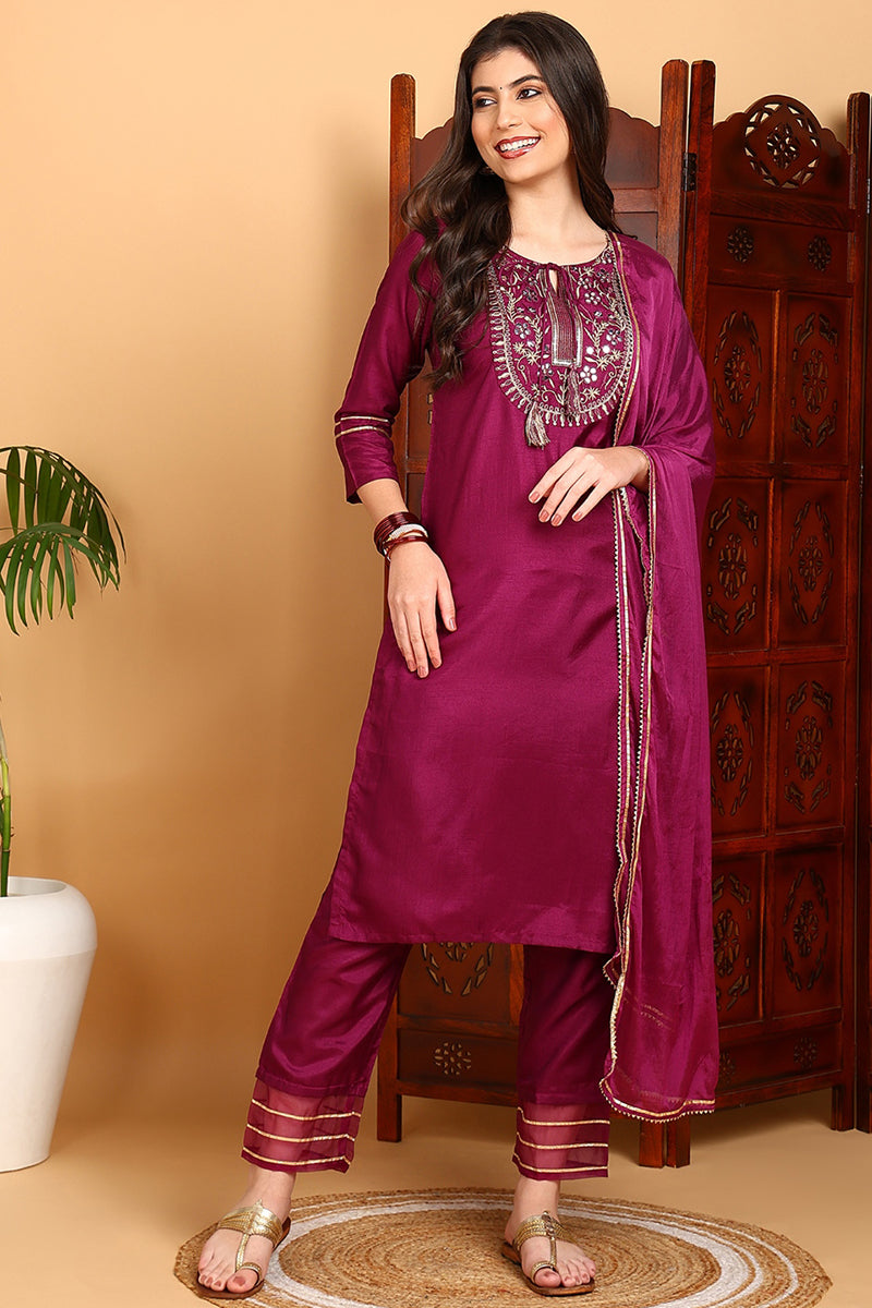 Silk Blend Purple Embroidered Straight Kurta Pant With Dupatta PKSKD1806