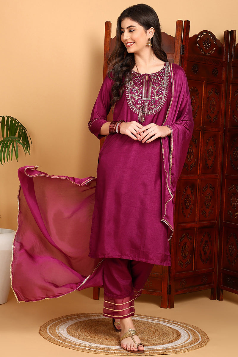 Silk Blend Purple Embroidered Straight Kurta Pant With Dupatta PKSKD1806