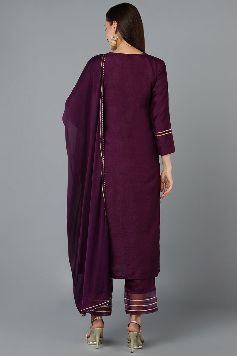Silk Blend Purple Embroidered Straight Kurta Pant With Dupatta PKSKD1806