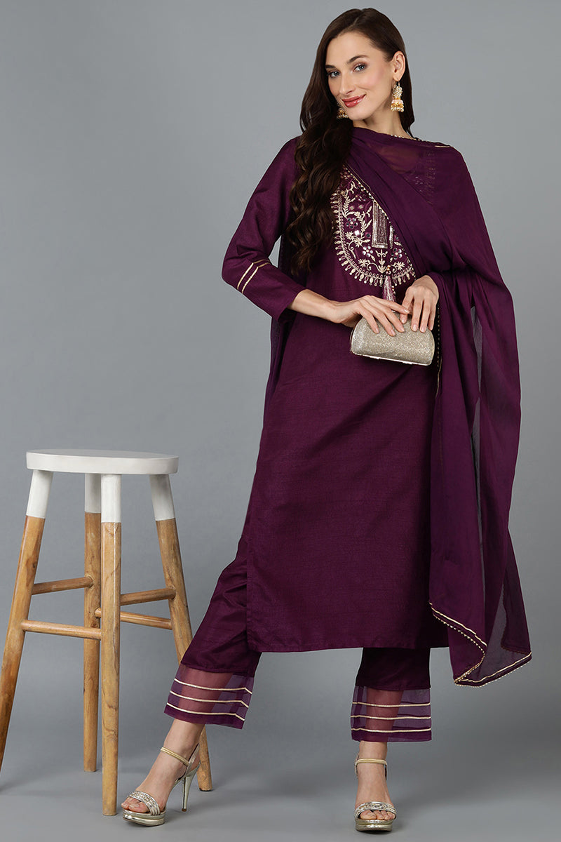 Silk Blend Purple Embroidered Straight Kurta Pant With Dupatta PKSKD1806