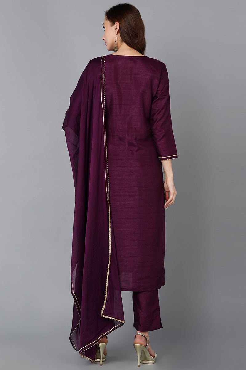 Silk Blend Purple Embroidered Straight Kurta Pant With Dupatta PKSKD1807